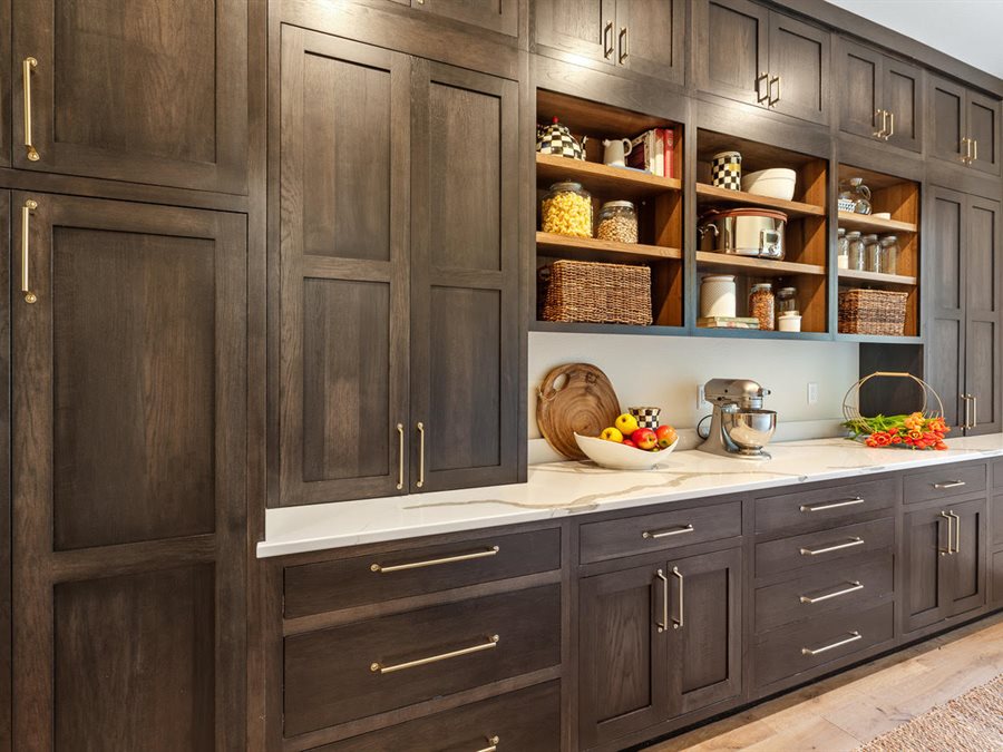 Walnut, rift oak, hickory, and painted flush inset custom cabinets by Blue Mountain Design Bend Oregon